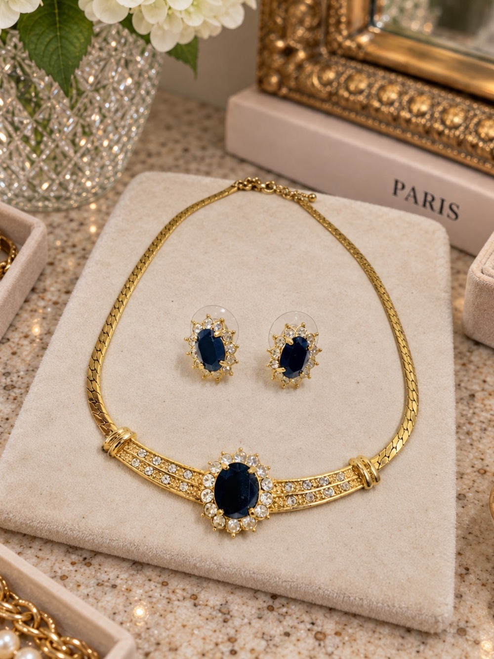 Gold-Tone Navy Blue Rhinestone Necklace & Earrings Set | Brand Unknown